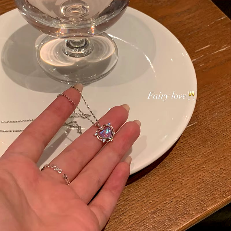 Fashion Pink Planet Heart Zircon Necklace Women Charm Aesthetic Clavicle Chain Necklace Valentines Day Gift Party Jewelry