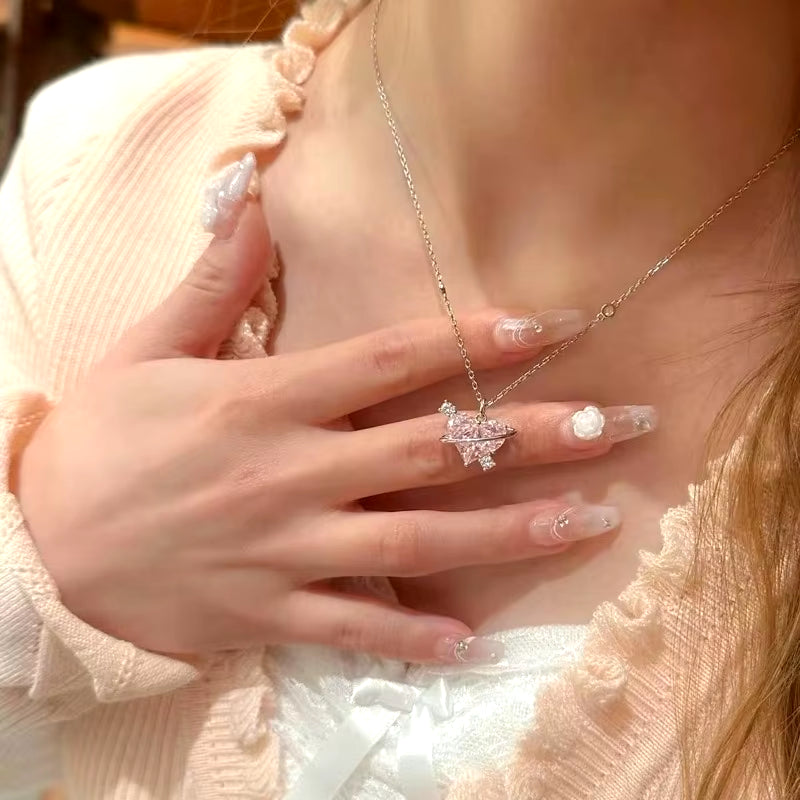Fashion Pink Planet Heart Zircon Necklace Women Charm Aesthetic Clavicle Chain Necklace Valentines Day Gift Party Jewelry